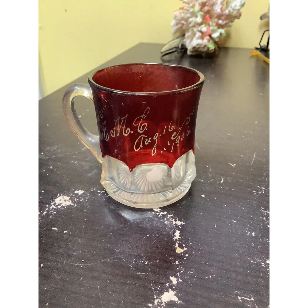 Antique Ruby Red Souvenir Glass Mug 1906